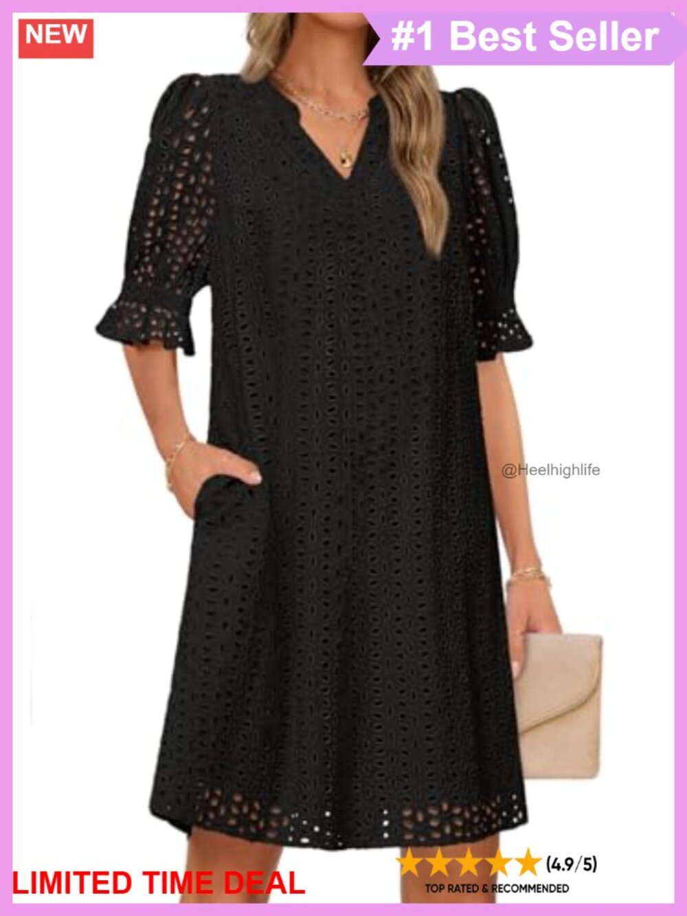 Women's Summer Short Sleeve V Neck Lace Eyelet Mini Dress